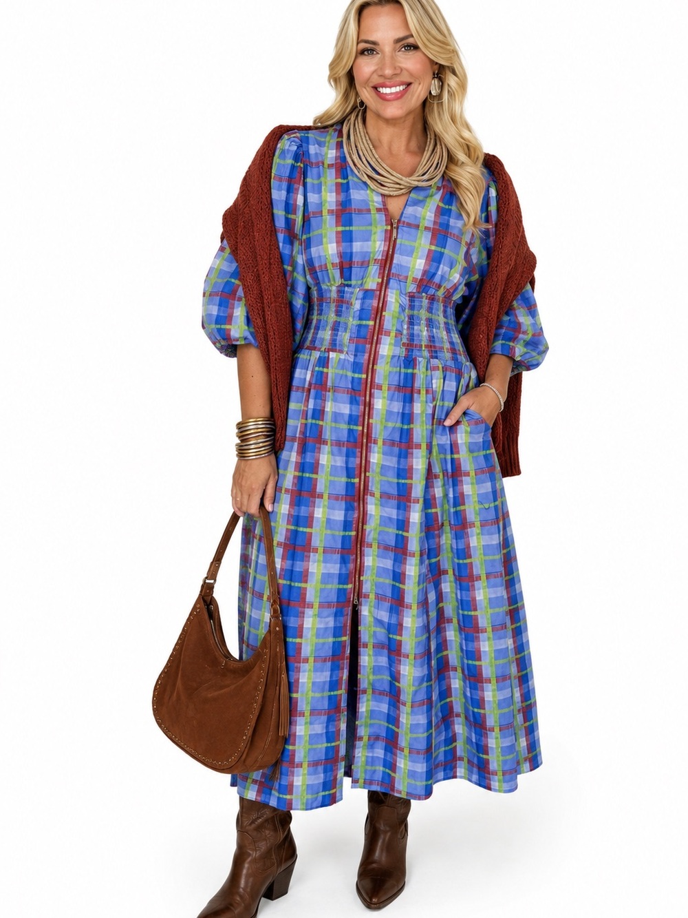 Fate Blue Checkered Plaid Midi Zip Dress NWOT